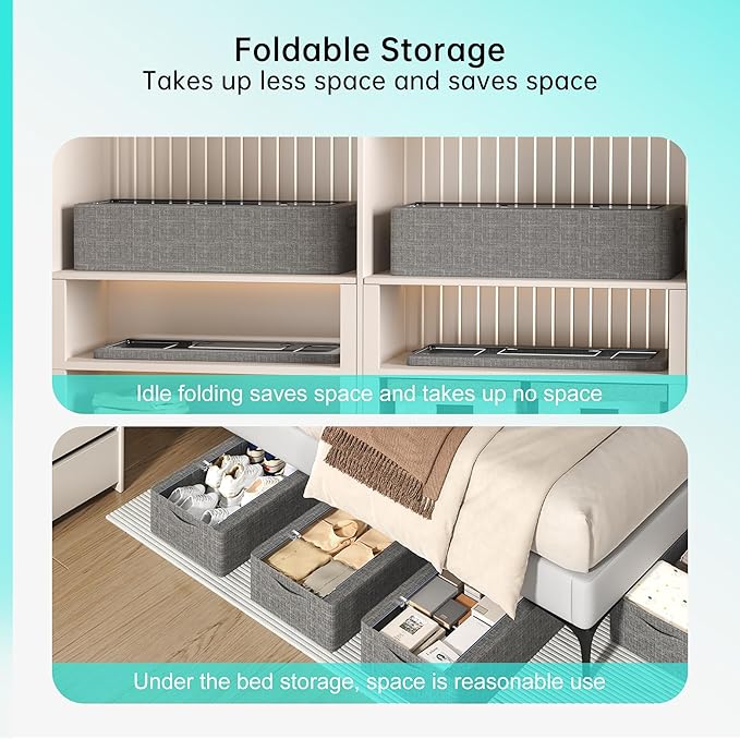 3PCS Under Bed Storage Bins with Metal Frame, Linen Fabric Frame Storage Box Clothes Organizer Bins, Underbed Container with Clear Window (Dark Grey, 23.6 x 13 x 6IN)-CasaMuseHome