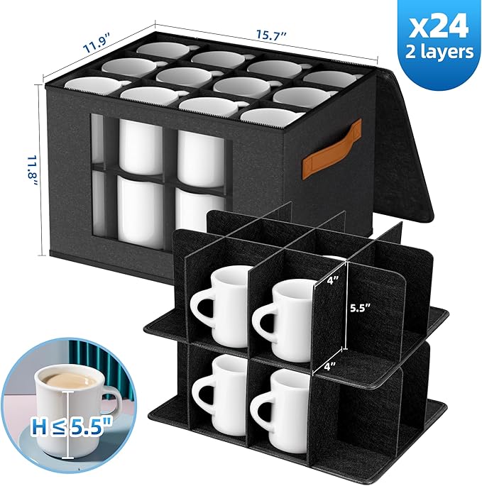 2-Layer Coffee Mug Storage Box with Dividers, Coffee Cup Storage Organizer with Zipper Lid and Handles, Stackable Mug and Cup organizer Service for 24 Coffee Mugs, Cups and Glasses, Dark Grey-CasaMuseHome