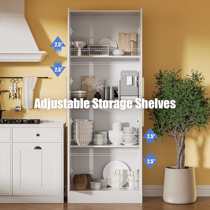 71" Tall Pantry Cabinet with 4 Doors, Kitchen Pantry Storage Cabinet, Freestanding Larder Cupboard, Kitchen Hutch with Gold Handles for Dining Room, Bathroom, White-CasaMuseHome
