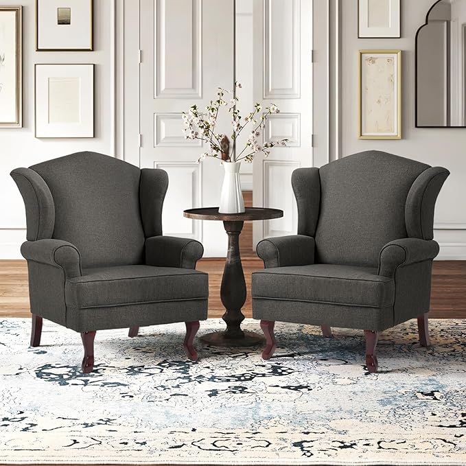 Accent Chair, High Back Upholstered Armchair with High Resilience Sponge & Wood Legs, Mid-Century Modern Comfy Single Sofa Reading Chairs for Living Room, Bedroom (Dark Grey, Set of 2)-CasaMuseHome