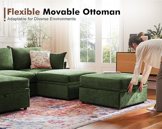 134.6" Luxury Modular Sectional Convertible Sofa with Storage Ottoman, L-Shape 5-Seat Oversized Comfy Couch Deep Seat with Reversible Chaise - Chenille Green-CasaMuseHome