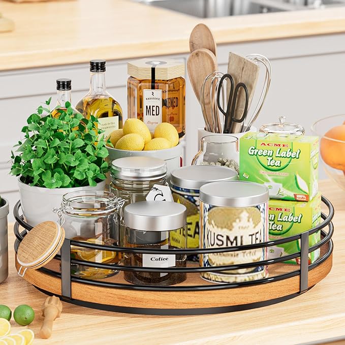 12" Lazy Susan Turntable Organizer - Oak Wood Lazy Susan for Cabinet Kitchen Countertop Dining Table Pantry Cupboard Bathroom Coffee Bar Storage Spice Rack Home Decor-CasaMuseHome
