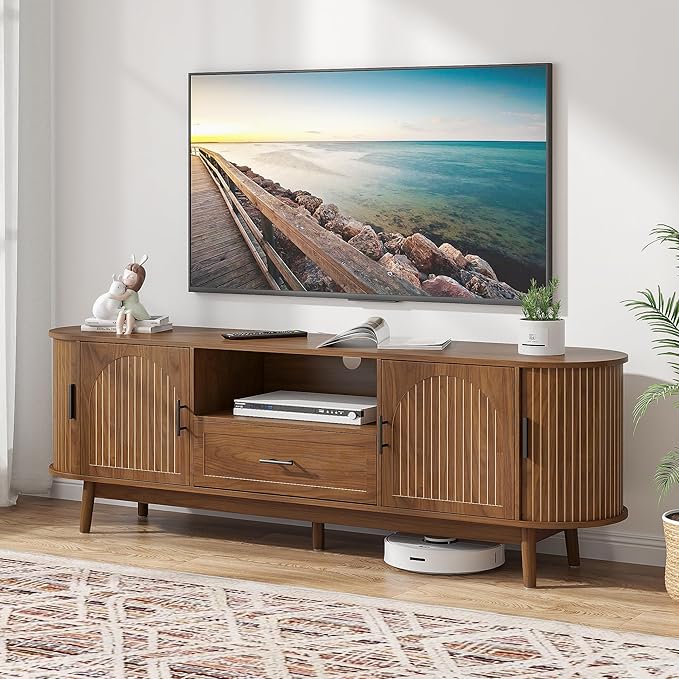 70" Fluted TV Stand for Tvs up to 80", Mid-Century Modern Entertainment Center with Drawers and Fluted Doors, Curved TV Media Console Table with Sliding Doors for Living Room, Bedroom (70")-CasaMuseHome