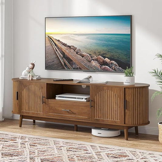 70" Fluted TV Stand for Tvs up to 80", Mid-Century Modern Entertainment Center with Drawers and Fluted Doors, Curved TV Media Console Table with Sliding Doors for Living Room, Bedroom (70")-CasaMuseHome