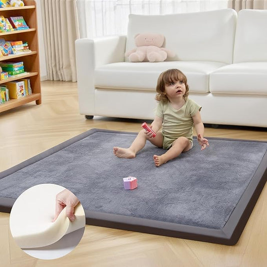 ACOMOPACK Baby Play Mat for Floor 1.3" Thick Memory Foam 50x50 Soft Velvet Playpen Mat for Kids,Infants,Toddlers,Tummy Time Crawling Mats with Non-Slip Bottom,Yoga,Tatami,Nursery Rug（Dark Grey）-CasaMuseHome