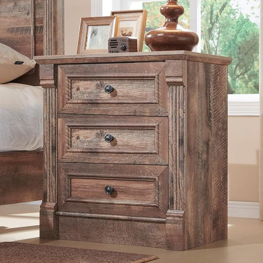 26" Tall Farmhouse Nightstand, 3 Drawers End Table w/Charging Station, 23.6" Wide Large Side Table w/Roman Column, Wood Rustic Sofa Table for Bedroom, Light Brown-CasaMuseHome