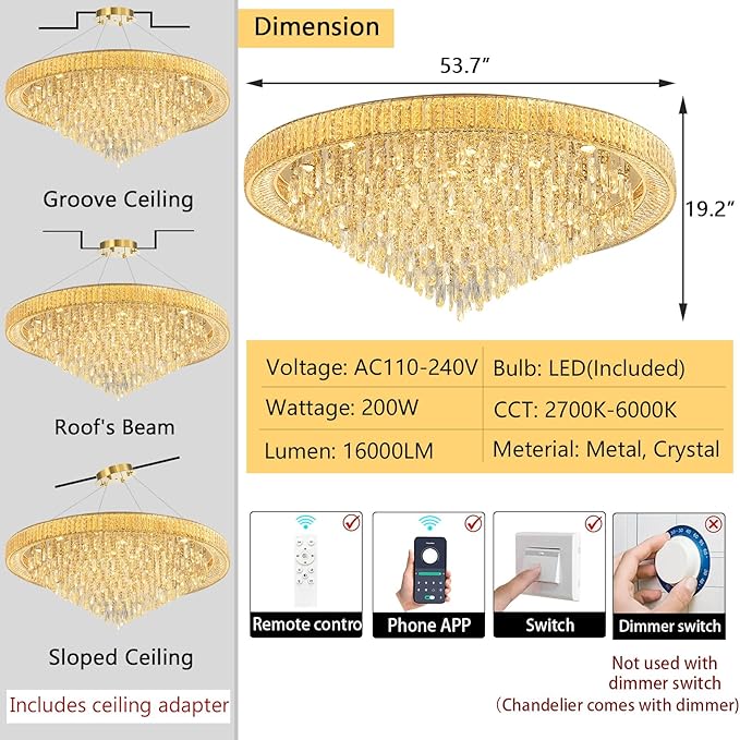 53.7'' Modern Crystal Big Large Chandeliers LED Dimmable Flush Mount Ceiling Chandeliers for Living Room High Ceiling Entrance Foyer Lobby Bedroom Gold-CasaMuseHome