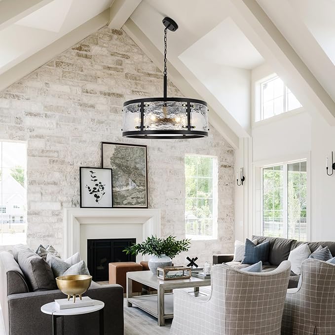 23.6" Large Farmhouse Drum Black Chandelier, 6-Light Vintage Round Glass Chandeliers for Dining Room, Industrial Light Fixture for Kitchen Living Room Stairwell, Clear Waterglass Drum Shade-CasaMuseHome