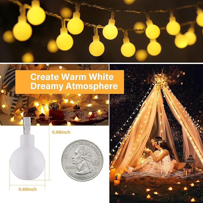 33Feet 100 LEDs Globe String Lights, 8 Modes USB Ball String Lights with Remote for Indoor/Outdoor Commercial Decor, Gardens, Patio, Wedding, Party, Bedrooms, Christmas Decorations, Warm White-CasaMuseHome