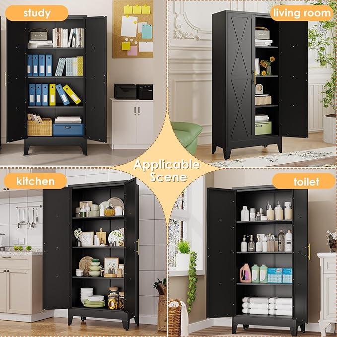 61" H Metal Kitchen Pantry Storage Cabinet, Freestanding Cupboard with 2 Doors and 3 Adjustable Shelves, Standing Storage for Kitchen, Bathroom, Garage, Dinning Room or Utility Room（Black）-CasaMuseHome