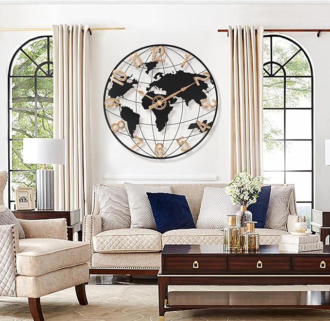 24 Inch Large Wall Clock for Living Room Decor,Big Modern Decorative Silent Metal World Map Wall Clock with Vintage Gold Arabic Numeral for Office,Living Room,Kitchen,Dining Room-CasaMuseHome