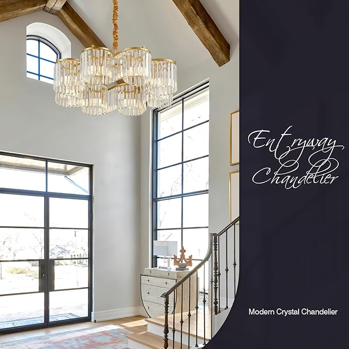 30.3“ Gold Semi Flush Mount Ceiling Light Fixtures, 8-Light Gold Modern Crystal Chandelier Height Adjustable Pendant Lighting for Bedroom Entryway Hallway Kitchen Island Living Room Foyer-CasaMuseHome