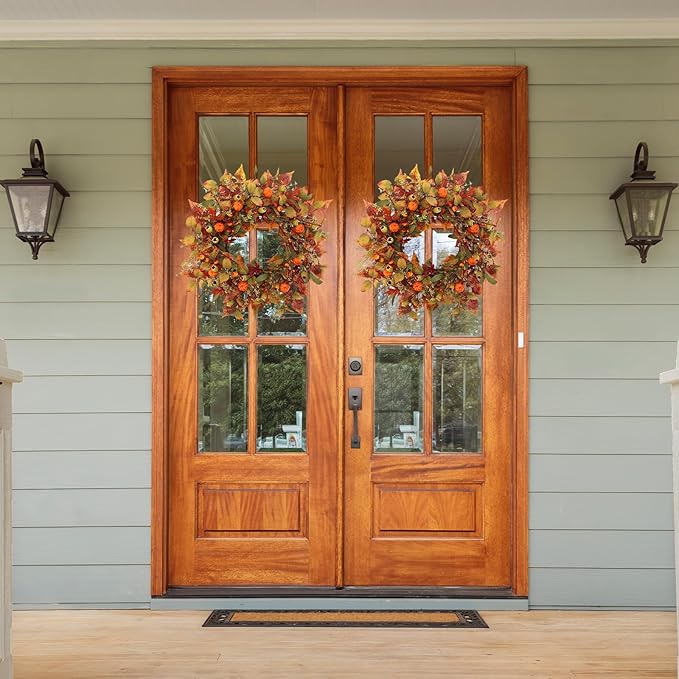 22 inch Artificial Fall Wreaths for Front Door,Autumn Wreath with Pumpkin and Maple Leaves Suitable for Indoor Outdoor Wall Porch Harvest Festival Thanksgiving Day Farmhouse Holiday Decor.-CasaMuseHome