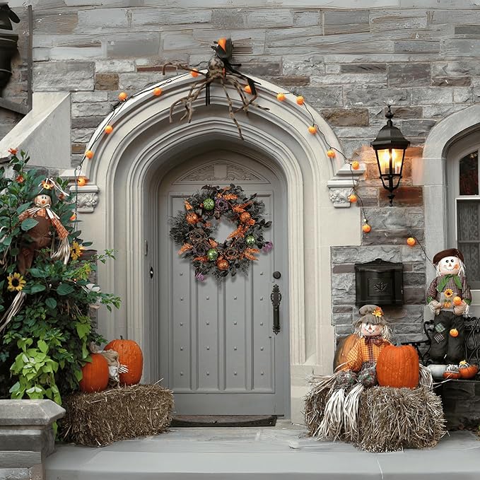 22 Inch Halloween Wreath for Front Door, Spooky Black & Purple Glitter Rose Wreath with Bats & Ornaments, Outdoor Halloween Decorations-CasaMuseHome