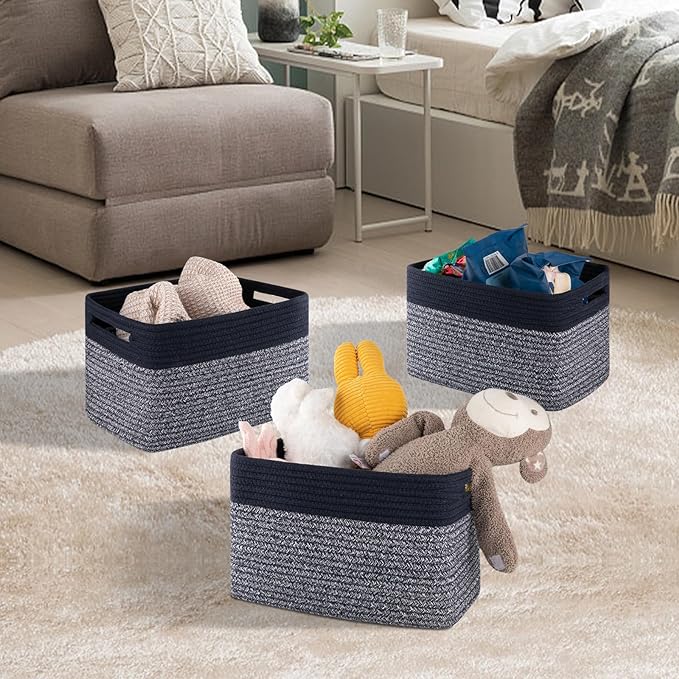 4 Pack Storage Baskets for Organizing, Woven Baskets for Shelves - Perfect for Toys, Books, Towels, and Clothes, Durable Gift Basket Bins Toy Storage, 13''L x9''W x7.8''H, Blue and Grey-CasaMuseHome