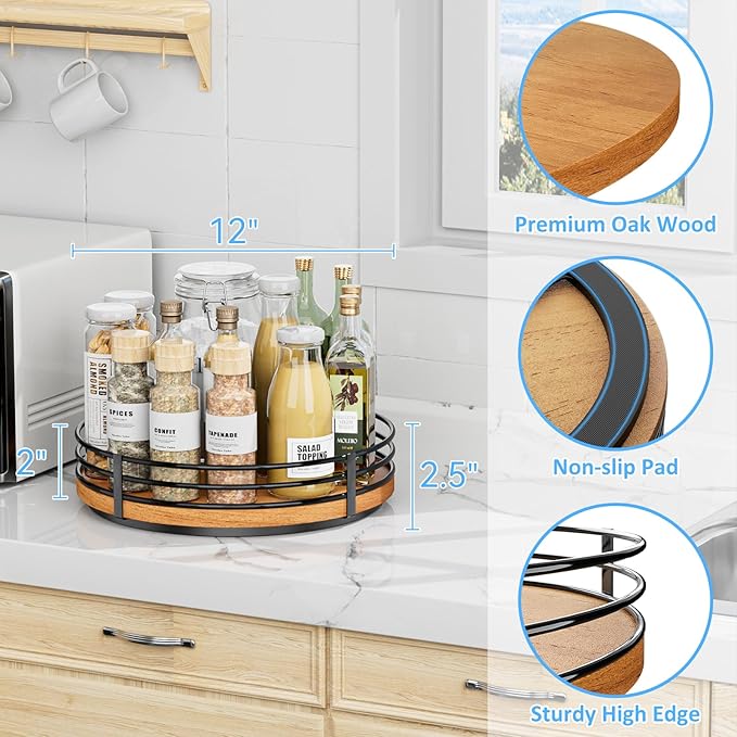 12" Lazy Susan Turntable Organizer - Oak Wood Lazy Susan for Cabinet Kitchen Countertop Dining Table Pantry Cupboard Bathroom Coffee Bar Storage Spice Rack Home Decor-CasaMuseHome
