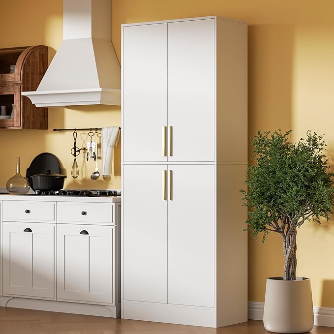 71" Tall Pantry Cabinet with 4 Doors, Kitchen Pantry Storage Cabinet, Freestanding Larder Cupboard, Kitchen Hutch with Gold Handles for Dining Room, Bathroom, White-CasaMuseHome