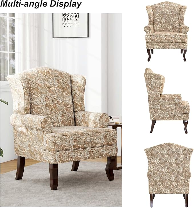 Accent Chair, High Back Upholstered Armchair with High Resilience Sponge & Wood Legs, Mid-Century Modern Comfy Single Sofa Reading Chairs for Living Room, Bedroom (Floral Sand, Set of 1)-CasaMuseHome