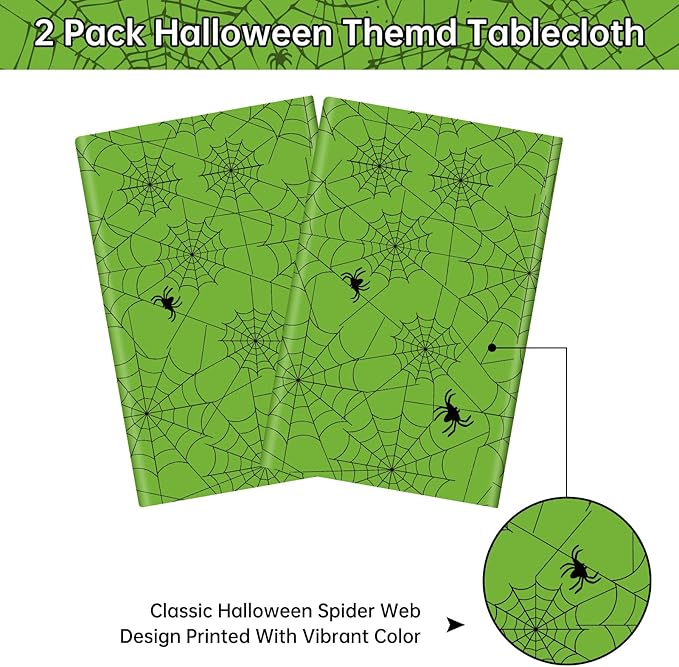 2 Pcs Halloween Tablecloth - Plastic Halloweens Spider Webs Table Cloth, Green Disposable Rectangle Spiderweb Table Cover for Halloween Party Decorations Supplies Favors Tables Decor, 108 x 54 Inch-CasaMuseHome