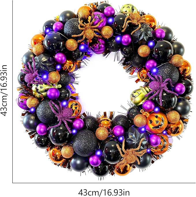 17 Inch Halloween Ball Wreath for Front Door with Lights, Lighted Cute Treat-or-Trick Door Wreath Ball Ornament for Halloween Indoor Decorations Centerpiece Party Holiday Wall Home Decor-CasaMuseHome