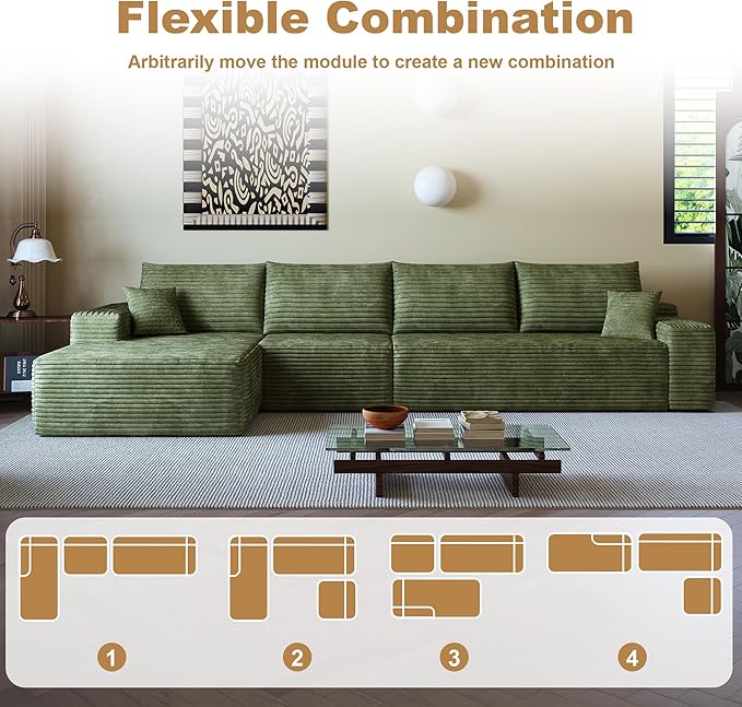 108" Sectional Couches for Living Room Modern Modular Sofa with L-Shape Couchs Upholstered Boneless Couch Deep Seat Sectional Couch with Chaise (Green, Left Facing Chaise+3Seaters)-CasaMuseHome