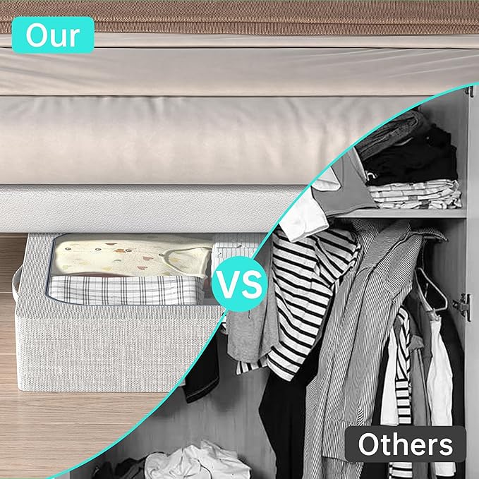 3PCS Under Bed Storage Bins with Metal Frame, Linen Fabric Frame Storage Box Clothes Organizer Bins, Underbed Container with Clear Window (Light Grey, 15.7 x 13 x 6IN)-CasaMuseHome