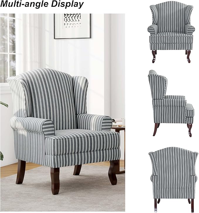 Accent Chair, High Back Upholstered Armchair with High Resilience Sponge & Wood Legs, Mid-Century Modern Comfy Single Sofa Reading Chairs for Living Room, Bedroom (Stripe Grey, Set of 1)-CasaMuseHome