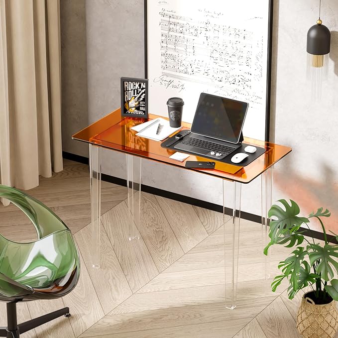 Acrylic Desk, Modern Study Table for Home Office - Extended Surface Multi-Purpose Console & Entryway Table, Sturdy Lightweight Design (42.5-inch, Orange)-CasaMuseHome