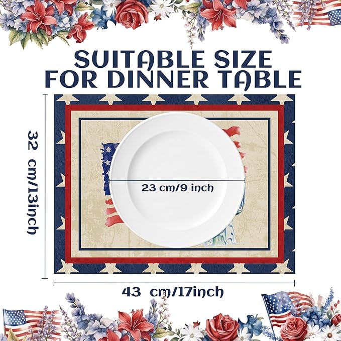 4th of July Placemats Set of 6 Patriotic Plastic Table Mats Independence Memorial Day Vintage America Flag Stars Stripe Place Mats Vinyl Table Decoration for Indoor Outdoor Party Kitchen Dining-CasaMuseHome