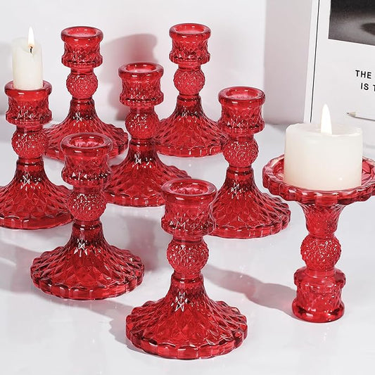 12Pcs Red Candlestick Holders Set- 4" H Taper Candle Holders Bulk, Glass Candle Holders for Activities, Party, Romantic Dinner Table Centerpieces, Festival Gifts & Windowsill Decor-CasaMuseHome