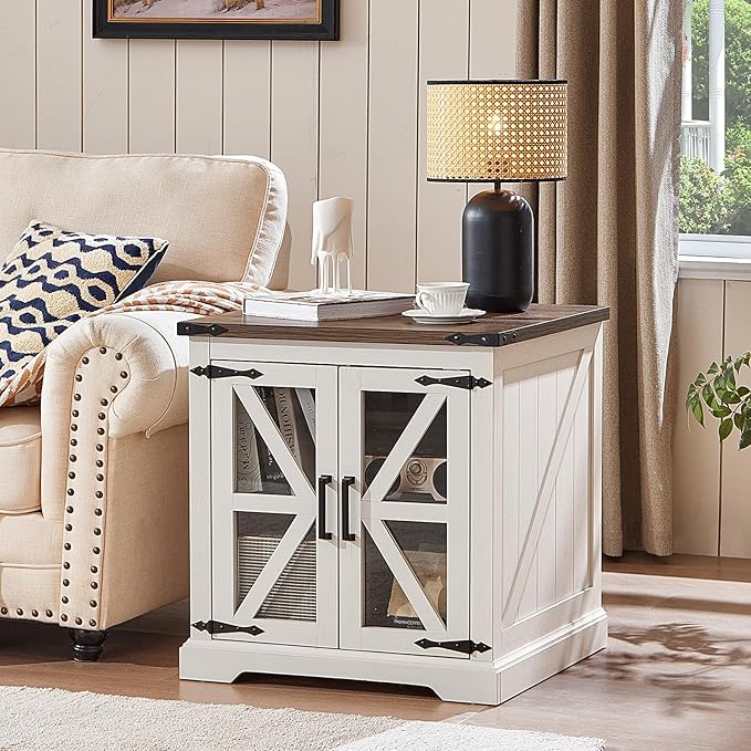 24" End Table Set of 2 with Charging Station, Farmhouse Night Stand with Glass Barn Door, Nightstands with Adjustable Storage Shelf, Large Wood Square Bed Side Table for Living Room,Bedroom-CasaMuseHome