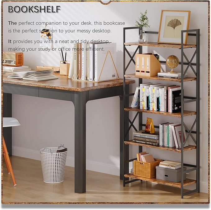4NM 5 Tiers No Assembly Book Shelves, 51.2" H Folding Bookshelf Bookcase Open Industrial Foldable Shelves for Bedroom, Living Room, Home Office - Rustic Brown Black-CasaMuseHome