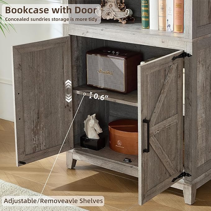 70in Tall Bookshelf 5 Tier Bookcase with Barn Doors and Adjustable Shelves, Grey Farmhouse Book Shelf with Storage Cabinet, Wood Freestanding Display Bookshelves for Bedroom, Living Room-CasaMuseHome