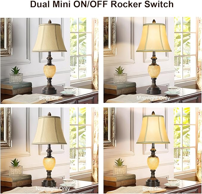 27'' High Vintage Table Lamp Set of 2 for Living Room Farmhouse Bedside Lamp with Fabric Shades Boho Nightstand Lamp with USB and Nightlight for Bedroom Home Office Hotel Bar (Bulb Included)-CasaMuseHome