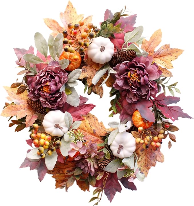 20Inch Fall Wreaths for Front Door,Fall Wreath,Fall Decorations for Home,Autumn Wreaths with White Pumpkins Peony Pine Cones, Fall Door Wreath for Thanksgiving Halloween Indoor Outdoor Decor-CasaMuseHome