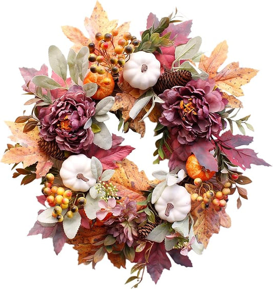 20Inch Fall Wreaths for Front Door,Fall Wreath,Fall Decorations for Home,Autumn Wreaths with White Pumpkins Peony Pine Cones, Fall Door Wreath for Thanksgiving Halloween Indoor Outdoor Decor-CasaMuseHome