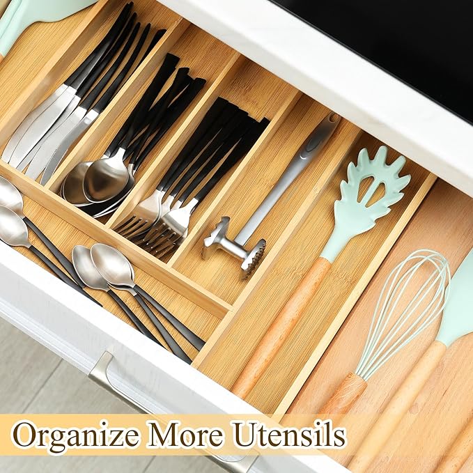 7 Pcs Adjustable Bamboo Drawer Dividers Expandable Drawer Organizers Cutlery Tray Spring Separators Organization for Kitchen Bedroom Bathroom Dresser Office-CasaMuseHome