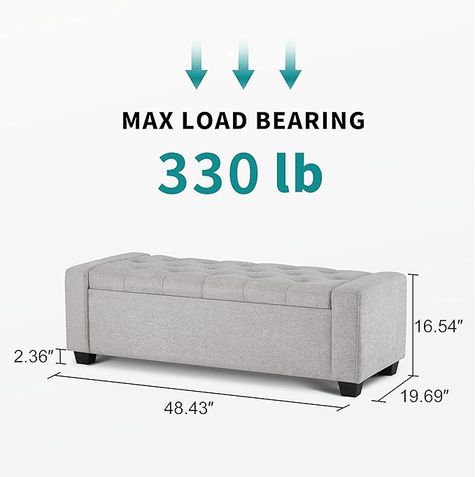 48" Ottoman with Storage, Storage Ottoman Bench with Safety Hinge, Upholstered Entryway Bench with Seating for Bedroom, Living Room, Holds up to 330 lb(Light Gray)-CasaMuseHome
