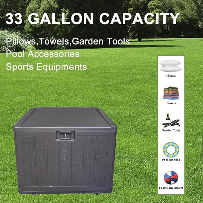 33 Gallon Small Storage Box with Lid,Waterproof Indoor Outdoor Storage Container for Package Delivery,Patio Cushions, Gardening Tools, Pool Accessories, Lockable Resin Deck Box with handle-CasaMuseHome