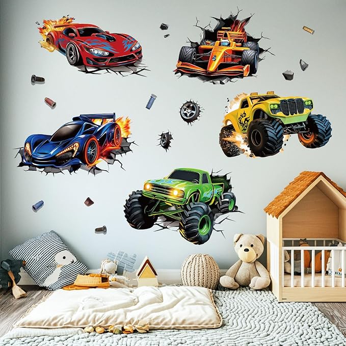 3D Racing Cars Wall Decals - Truck Bursting Through Wall, F1 Racing Cars Wall Stickers for Kids Room Boys Bedroom-CasaMuseHome