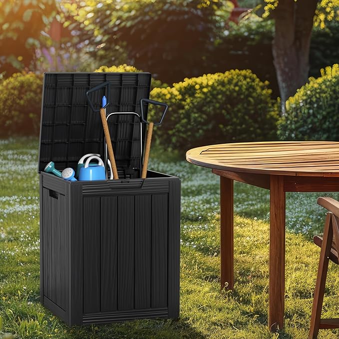 28 Gallon Deck Box Large Outdoor Storage for Patio Furniture,Outdoor Cushions,Garden Tools and Pool Supplies,Waterproof,Resin,Lockable(Black)-CasaMuseHome