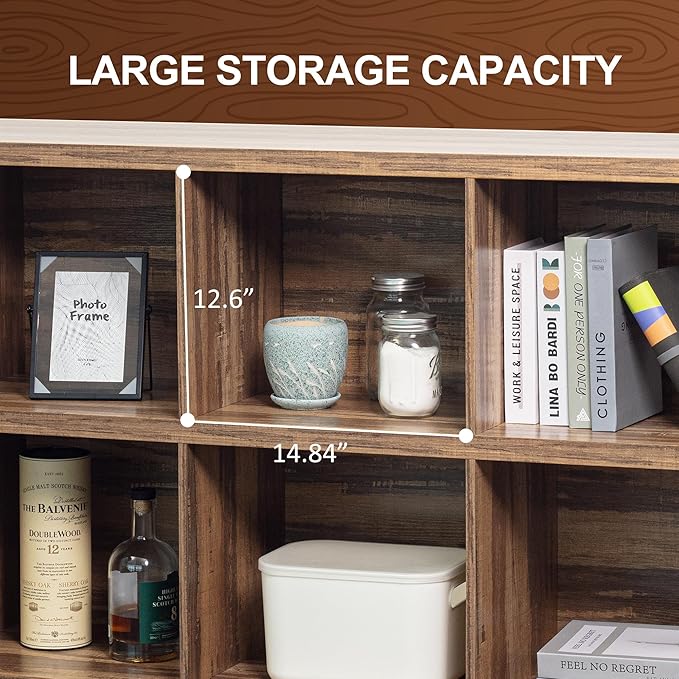 8 Cube Storage Organizer Bookshelf, Industrial Horizontal Bookcase, Accent Cubby Shelf, Media Console Table for Living Room, Home Office, 63 Inches, Light Oak-CasaMuseHome