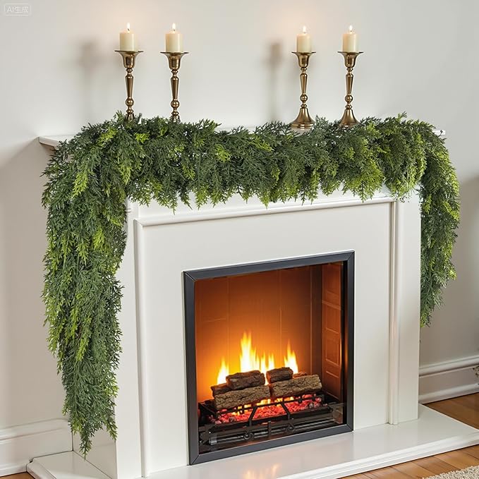 9 ft Christmas Garland, Cedar Garland, Real Touch Cypress Garlands, Green Artificial Greenery Garland for Mantel Indoor Outdoor Christmas Decorations-CasaMuseHome