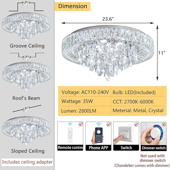 23.6'' Modern Crystal Chandeliers LED Dimmable Flush Mount Ceiling Chandeliers for Living Room Entrance Foyer Bedroom Silver-CasaMuseHome