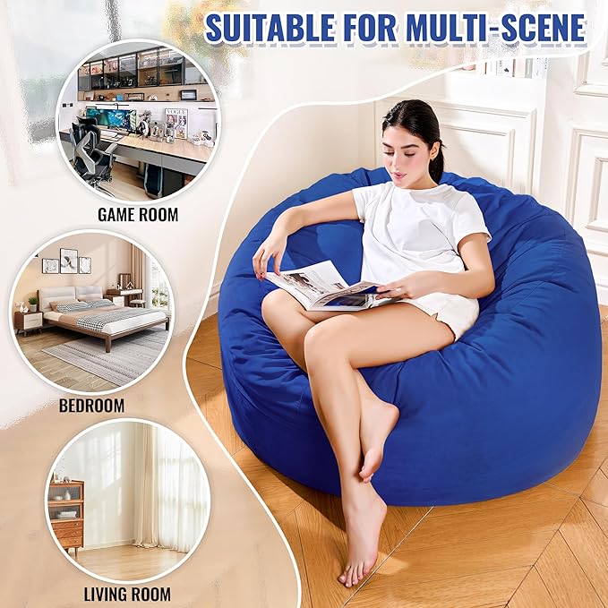 4FT Bean Bag Chair: Bean Bag with Velvet Cover, Fluffy and Comfy Bean Bag Chairs for Adults and Kids, Bean Bag Sofa Filled with High-Density Sponge for Gaming (Blue)-CasaMuseHome