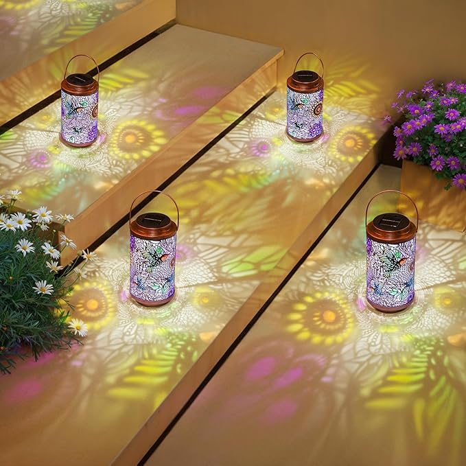 2Pack Solar Lanterns Outdoor Waterproof Hummingbird Colorful Garden Gifts for Mom, Multicolor Solar Lights Lantern for Backyard Garden, Pathway, Outside, Mothers' Day Gifts for Grandma Women-CasaMuseHome
