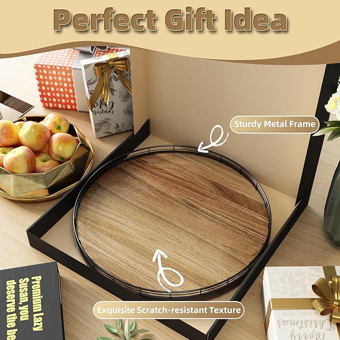 Acacia Wood 18" Lazy Susan Turntable Organizer for Table Top, Farmhouse Large Round Lazy Susan for Cabinet Kitchen Centerpieces Dining Table, for Condiments Charcuterie, Bathroom Vanity Tray Decor-CasaMuseHome