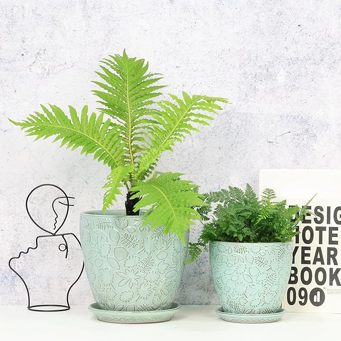 8 Inch + 6 Inch Plant Pots for Indoor Plants, Ceramic Planter with Drainage Hole and Saucers, Garden Pots for Succulent, Orchid, and Flower, Set of 2-CasaMuseHome