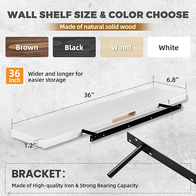 36"x6.8"x1.2" Solid Wood Floating Shelves 2-Pack - Rustic White Finish with Hidden Brackets, Perfect for Storage and Décor in Living Room, Kitchen, Bedroom-CasaMuseHome