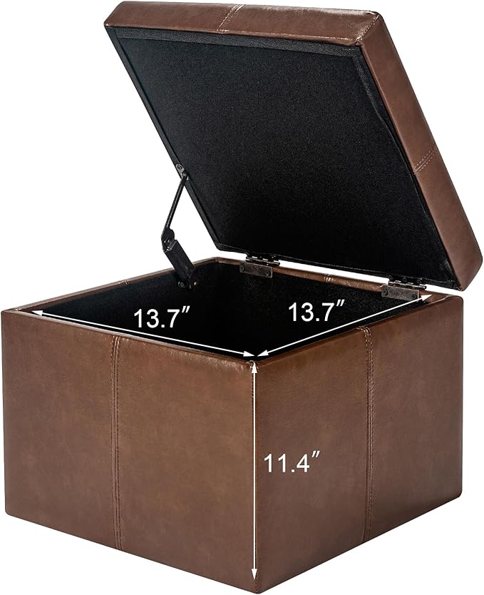 Adeco Storage Ottoman Foot Rest Stool, Leather Ottoman Footstool with Hinged Lid, 17" Small Foot Stool Bench for Living Room, Bedroom-CasaMuseHome